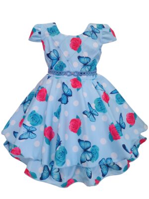 Vestido Infantil Floral Azul Borboletas Estampadas