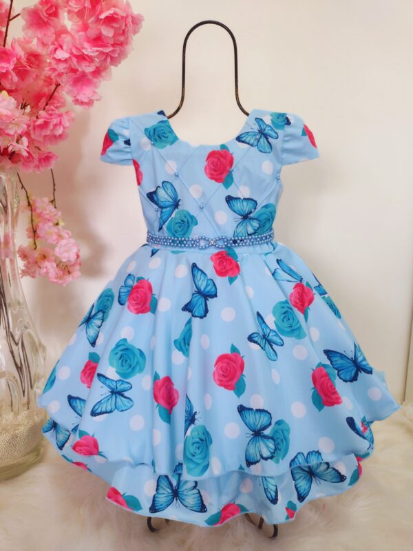 Vestido Infantil Floral Azul Borboletas Estampadas - Image 3
