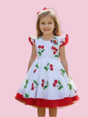 Vestido Infantil Estampado Temático Cereja Festa Princesa