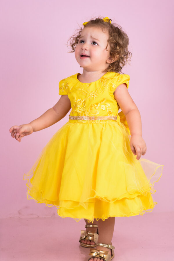 Vestido Infantil Menina Para Festa Bordado Com Cinto Strass Várias Cores