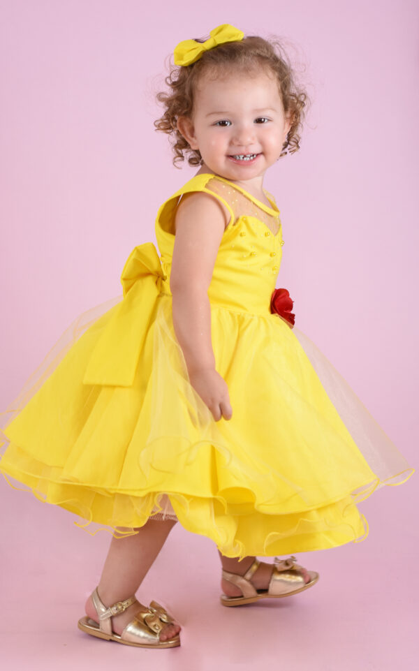 Vestido Infantil Bela E A Fera Fantasia Festa Aniversário Com Luva - Image 3