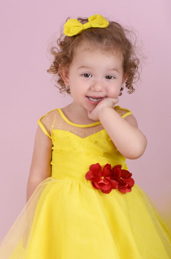 Vestido Infantil Bela E A Fera Fantasia Festa Aniversário Com Luva - Image 4