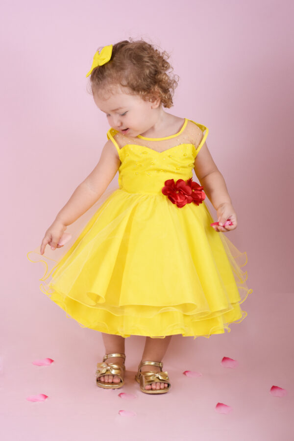 Vestido Infantil Bela E A Fera Fantasia Festa Aniversário Com Luva - Image 5