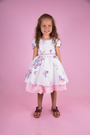 Vestido Infantil Floral Estampado Rosa Borboleta Temático