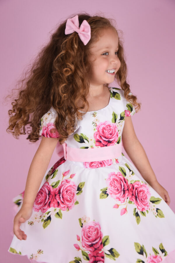 Vestido Infantil Curto Menina Estampado Rosa Vermelha - Image 4