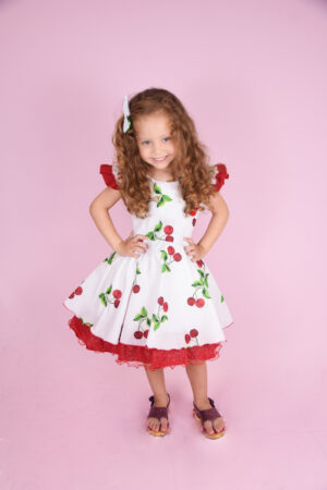 Vestido Infantil Estampado Temático Cereja Festa Princesa