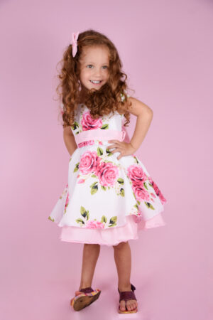 Vestido Infantil Curto Menina Estampado Rosa Vermelha