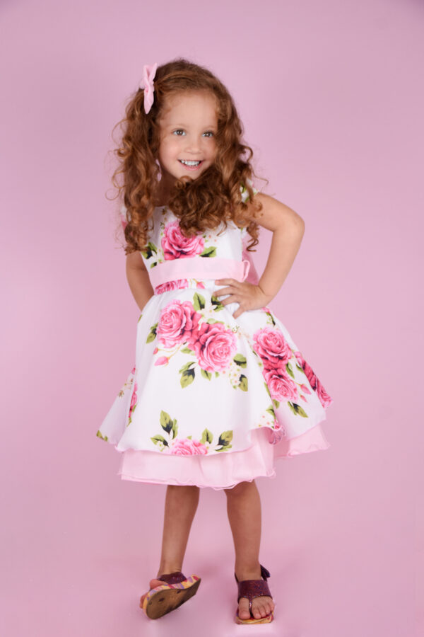 Vestido Infantil Curto Menina Estampado Rosa Vermelha