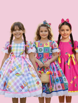 Vestido Festa Junina Quadrilha São João Flores Quadriculado Bandeirinhas