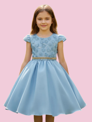 Vestido Juvenil Curto Com Aplicações de Flores Elegante