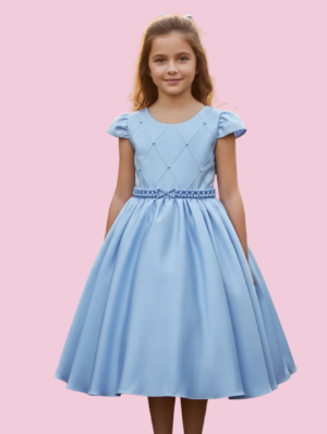 Vestido Juvenil Menina Festa Casamento Curto Cinto Pérola Saia Lisa
