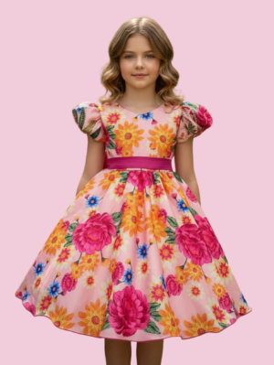 Vestido Juvenil Curto Flora Estampado Flores Passarinho Inspiração Farm